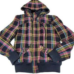 Vntg Y2k Roxy Womens Zip Up Snap Buttons Tweed Plaid Check M Hooded Bella Swan